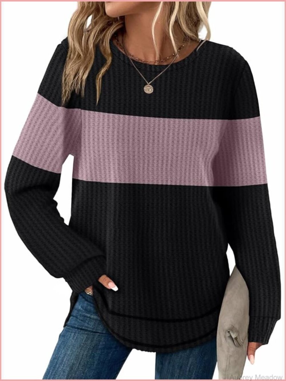 Waffle Knit Tunic Top Loose Fit Dressy Long Sleeve Sweater Curved Hem